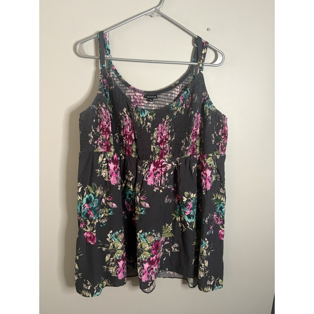 Torrid Womens Plus Size 3X Floral Smocked Cami Tank Top Gray Pink Adjustable